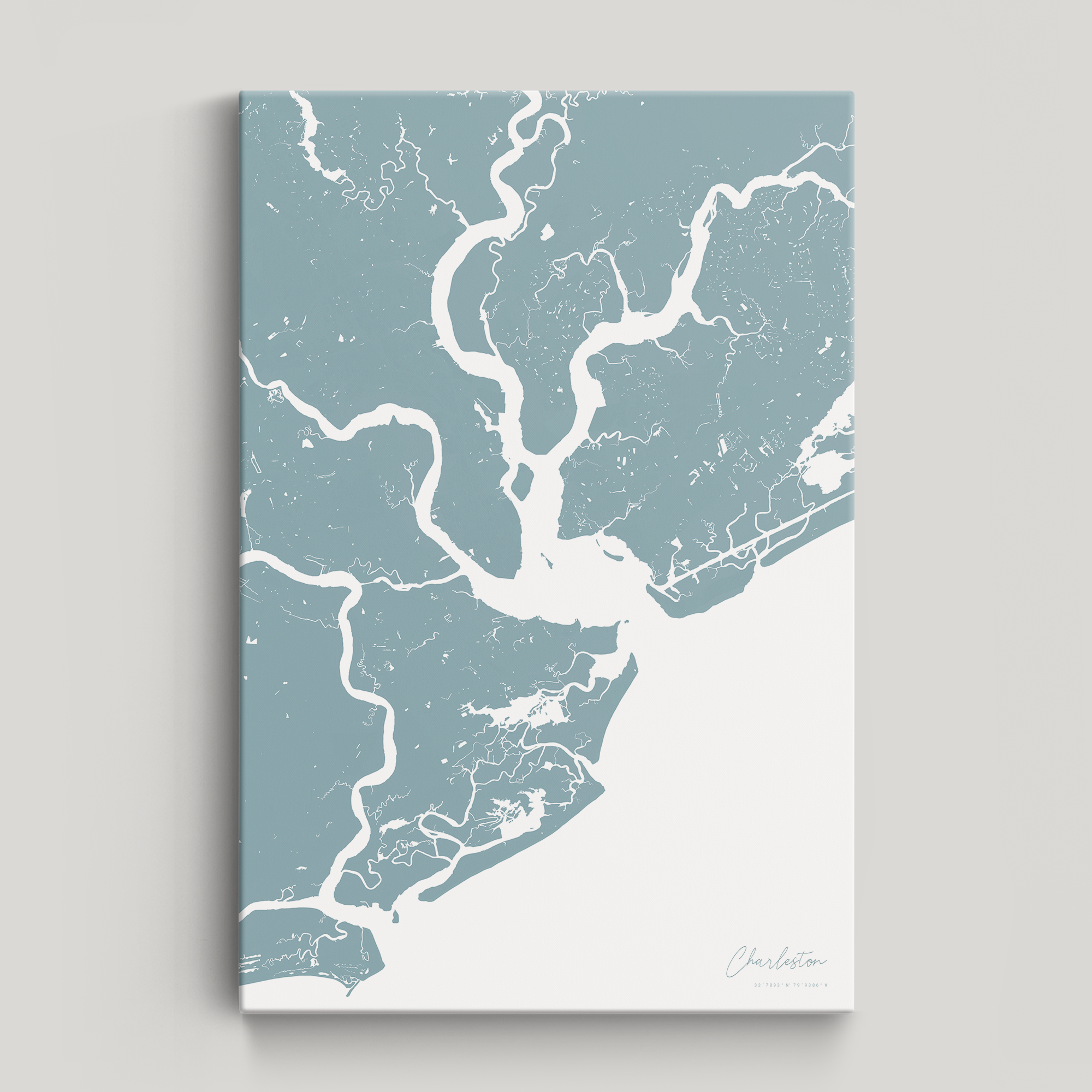 Charleston Coastal Map — Canvas Vertical, soft-blue, No Frame