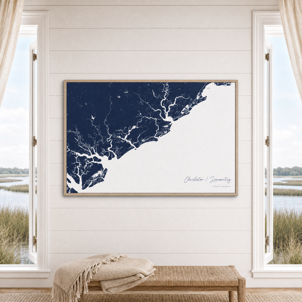 Charleston / Lowcountry canvas map — window-scene interior