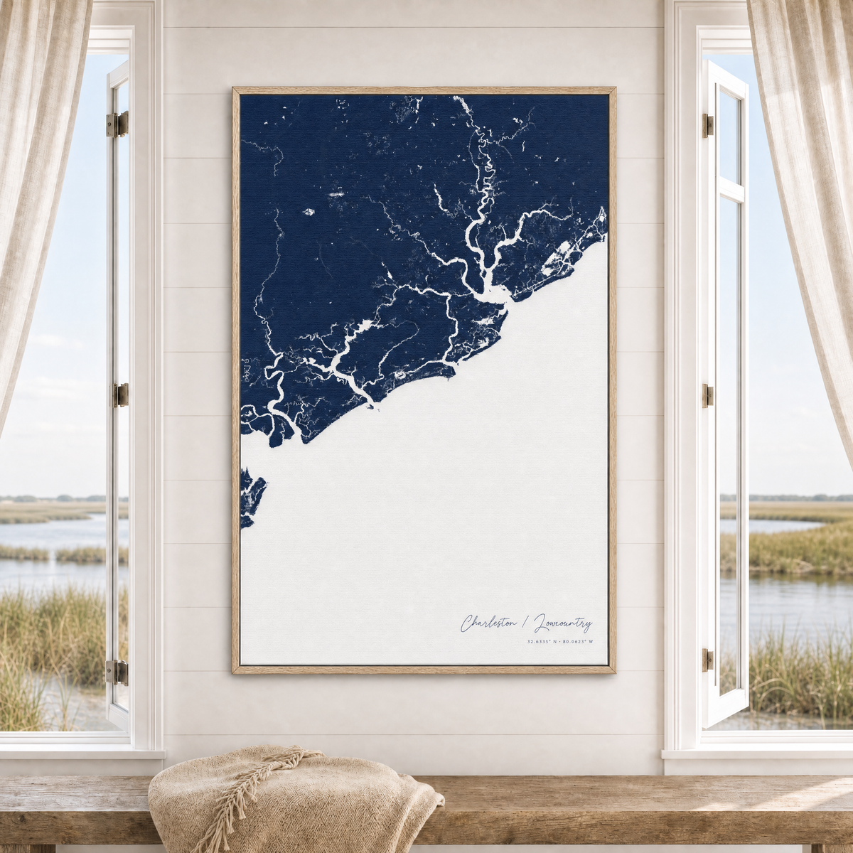 Charleston / Lowcountry canvas map — window-scene interior
