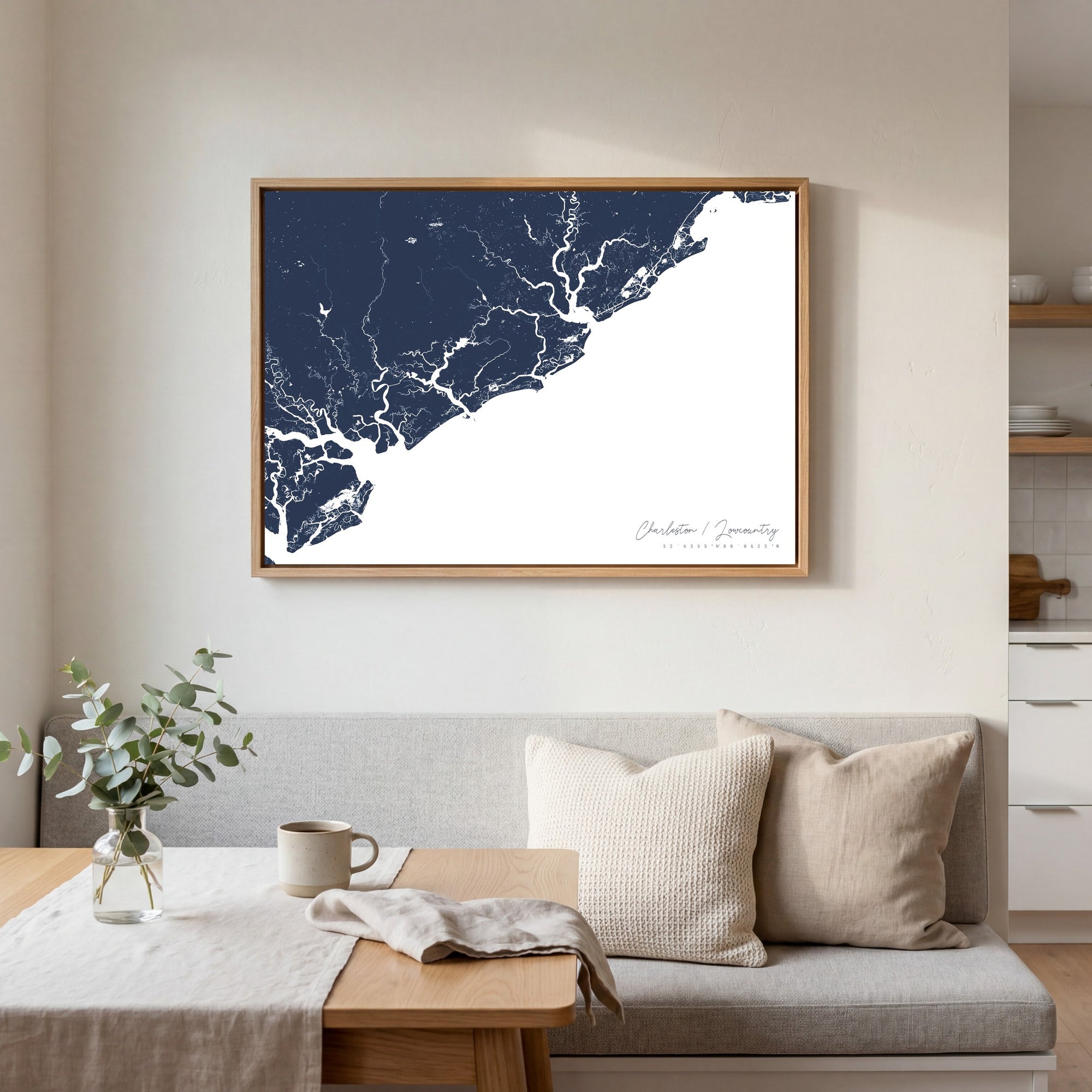 Charleston Lowcountry navy horizontal canvas map in an oak framed room scene