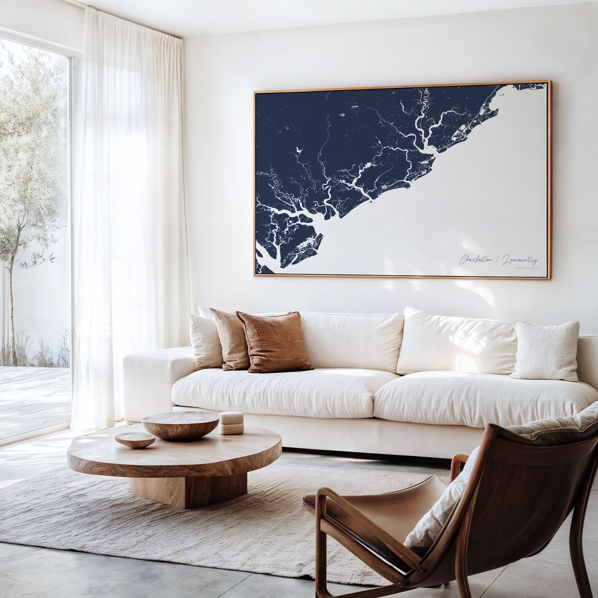 Charleston Lowcountry navy horizontal canvas map in an oak framed room scene