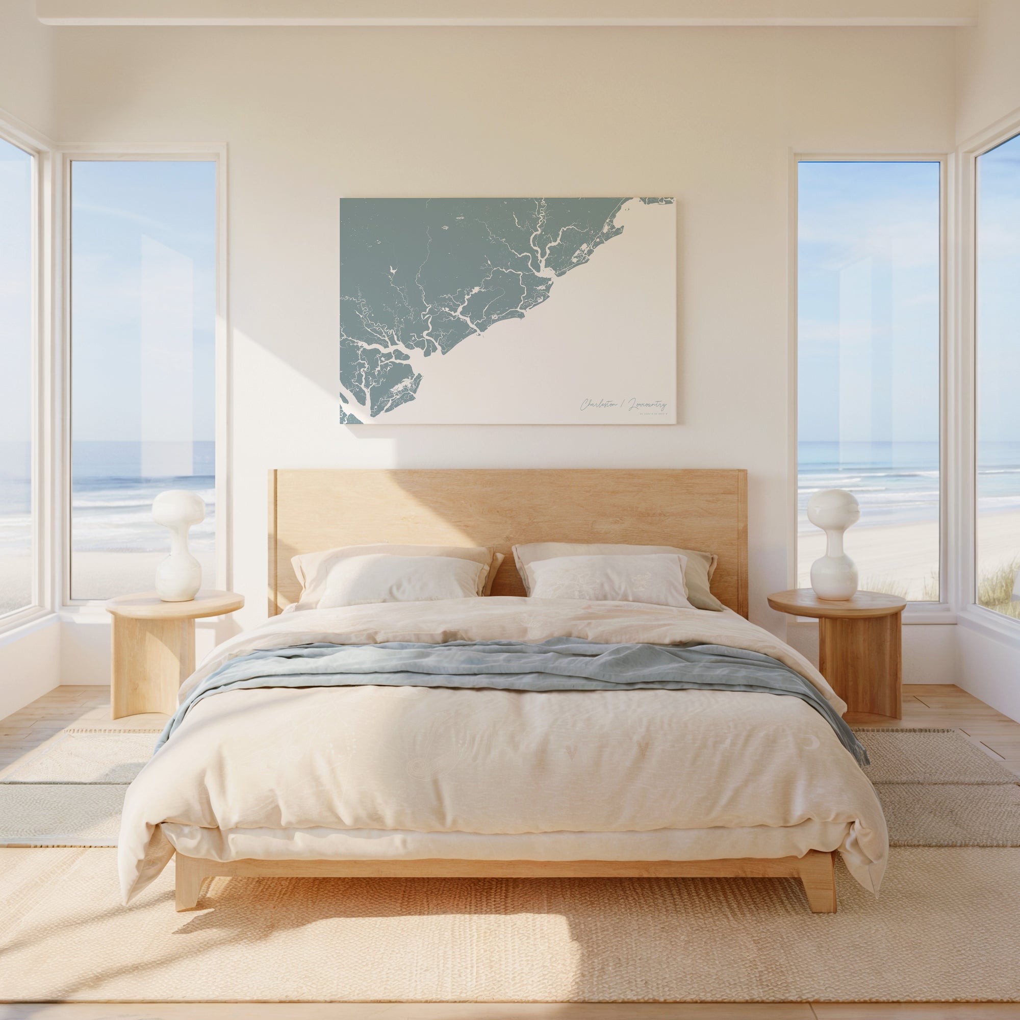 Charleston Lowcountry soft blue horizontal wrapped canvas map in the ratio 3:2 hand mockup