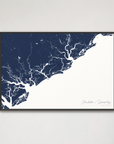 Charleston / Lowcountry Coastal Map — Canvas Horizontal, navy, Black Frame