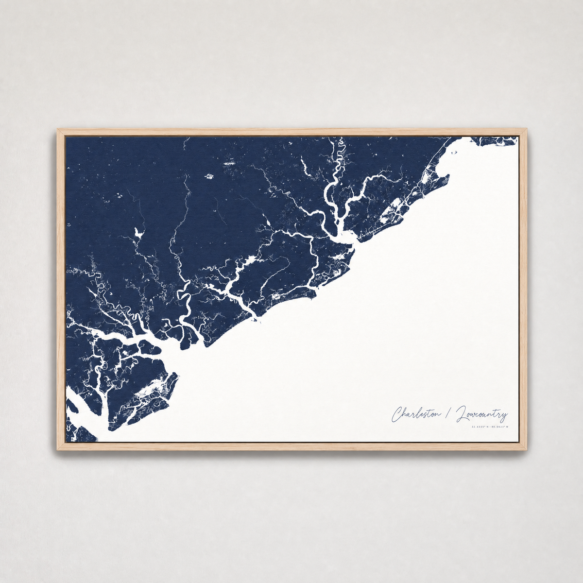 Charleston / Lowcountry Coastal Map — Canvas Horizontal — navy, Light Wood
