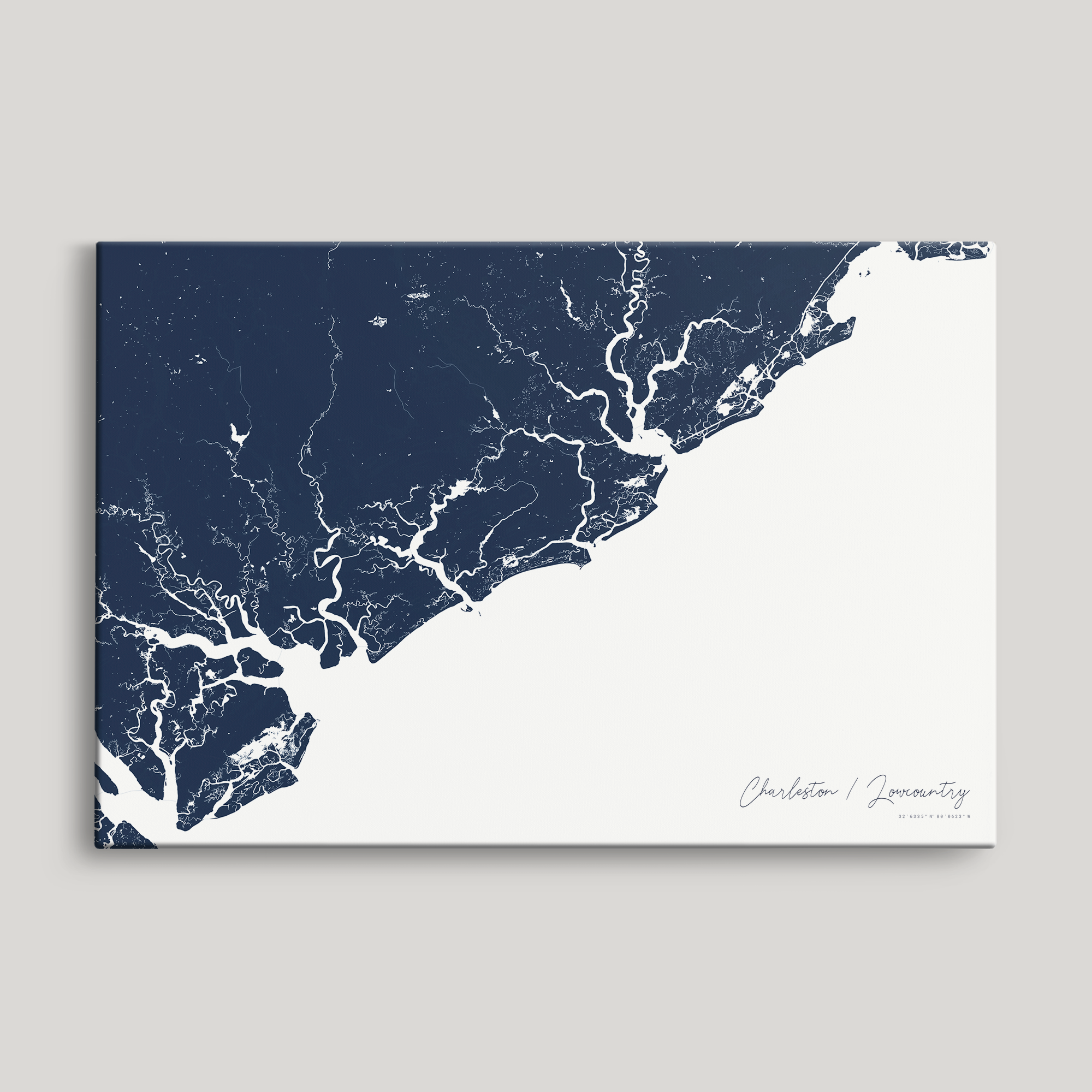 Charleston / Lowcountry Coastal Map — Canvas Horizontal, navy, No Frame