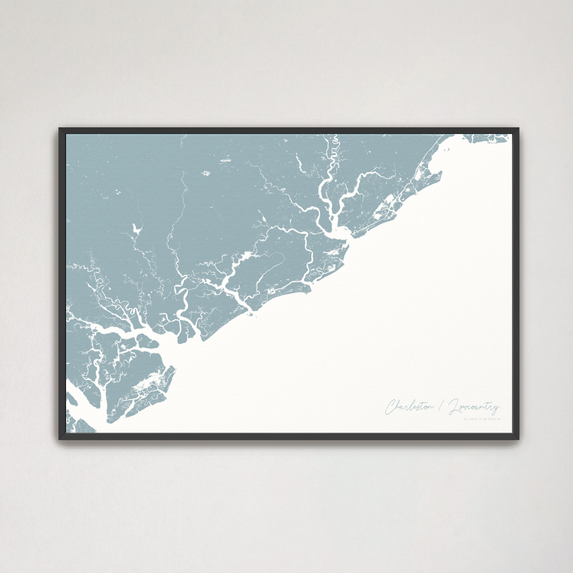Charleston / Lowcountry Coastal Map — Canvas Horizontal, soft-blue, Black Frame