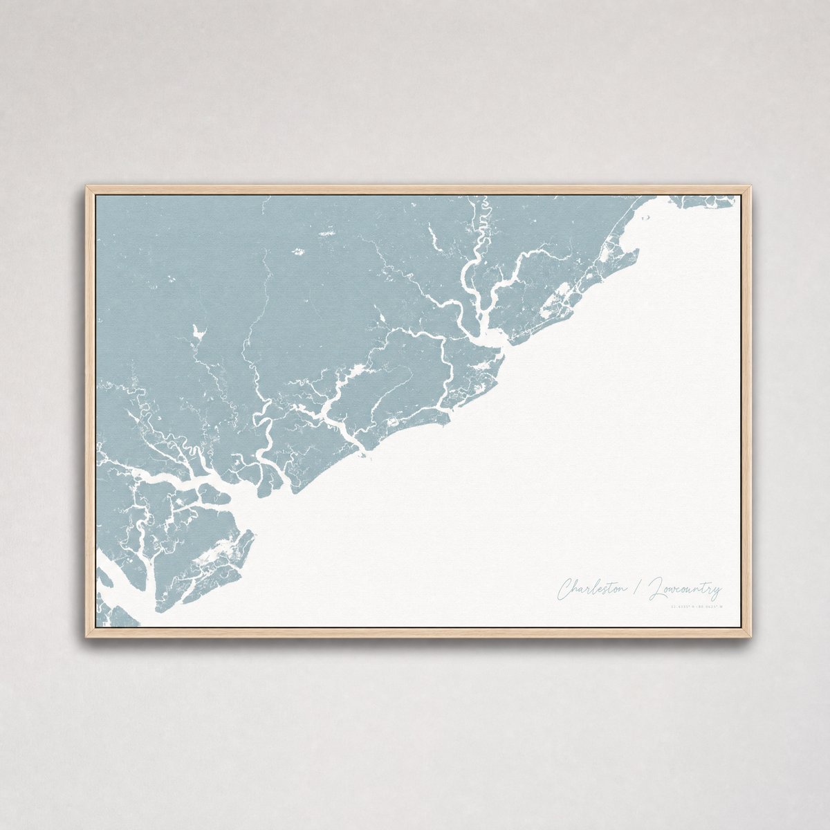 Charleston / Lowcountry Coastal Map — Canvas Horizontal — soft-blue, Light Wood