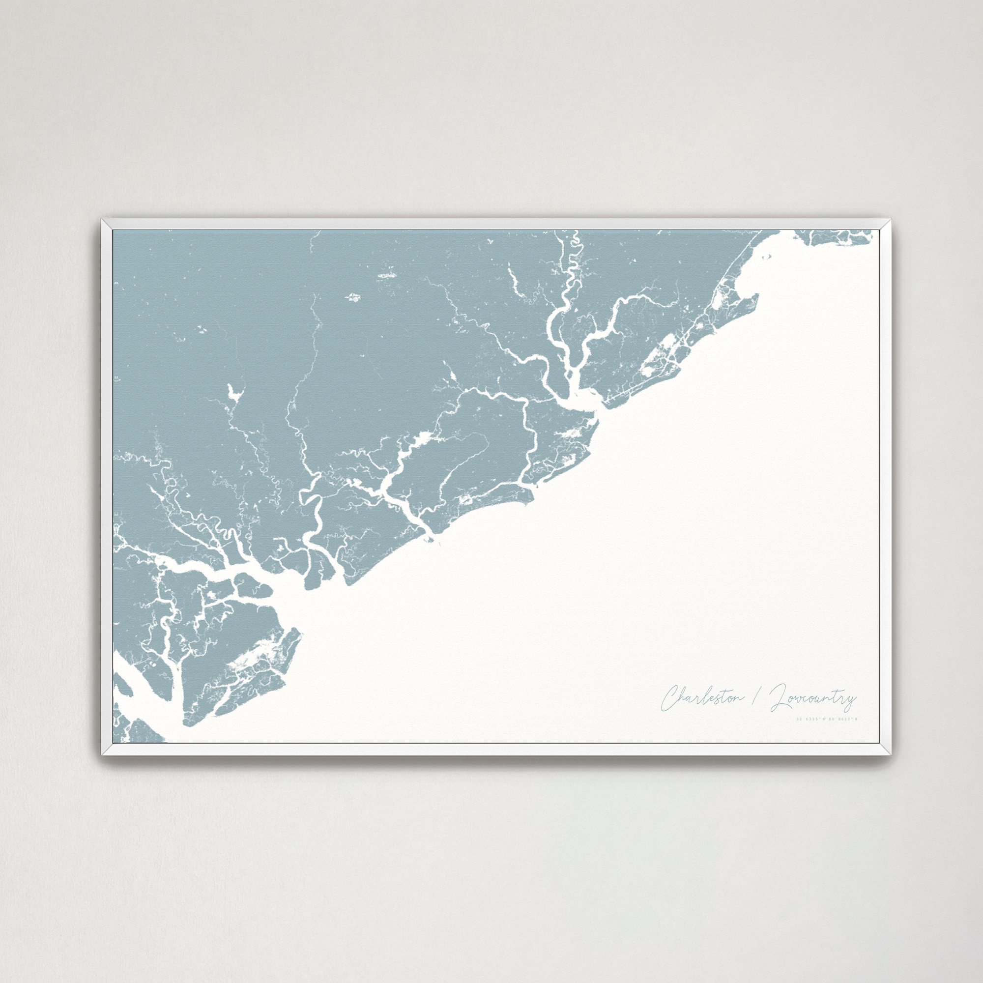 Charleston / Lowcountry Coastal Map — Canvas Horizontal, soft-blue, White Frame
