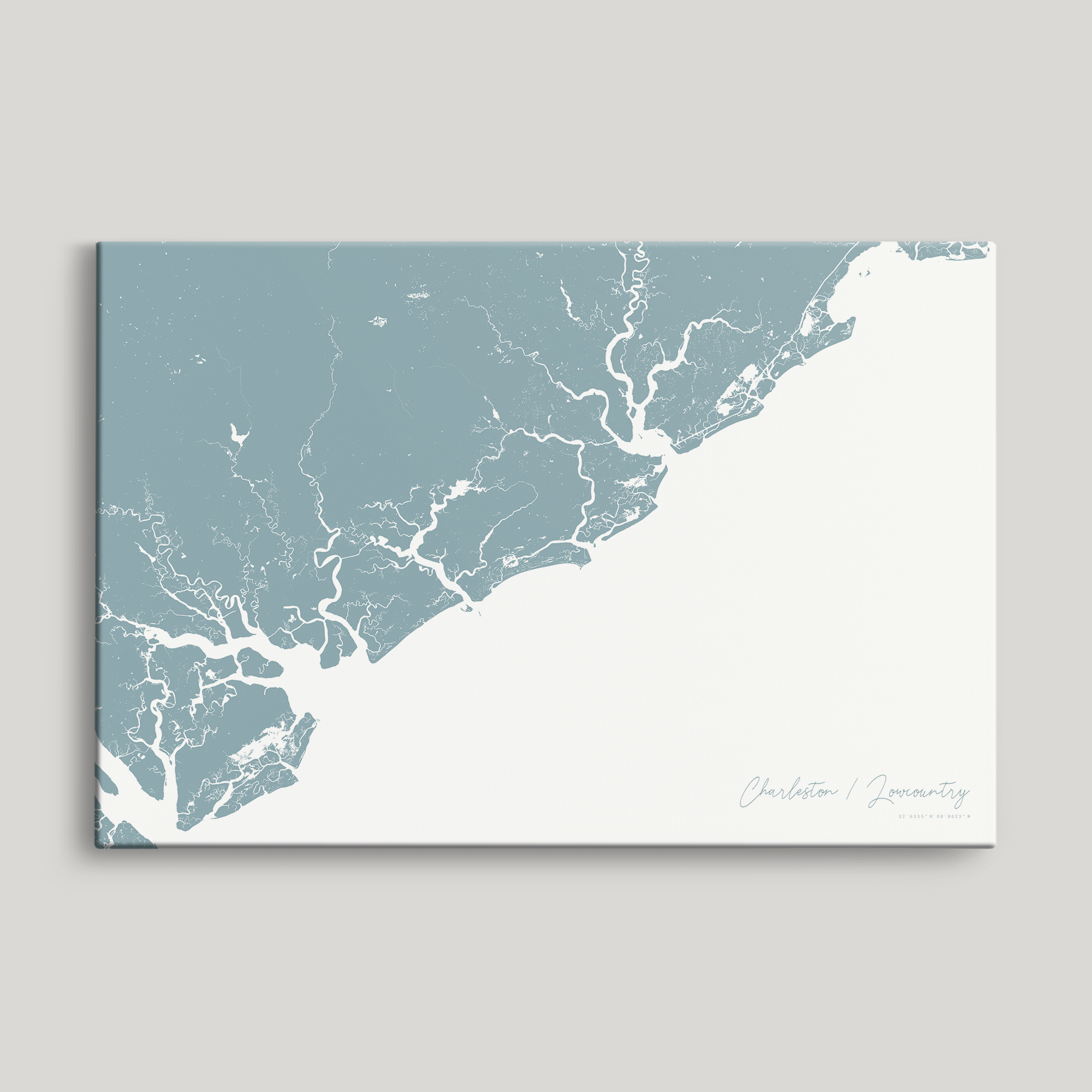 Charleston / Lowcountry Coastal Map — Canvas Horizontal, soft-blue, No Frame