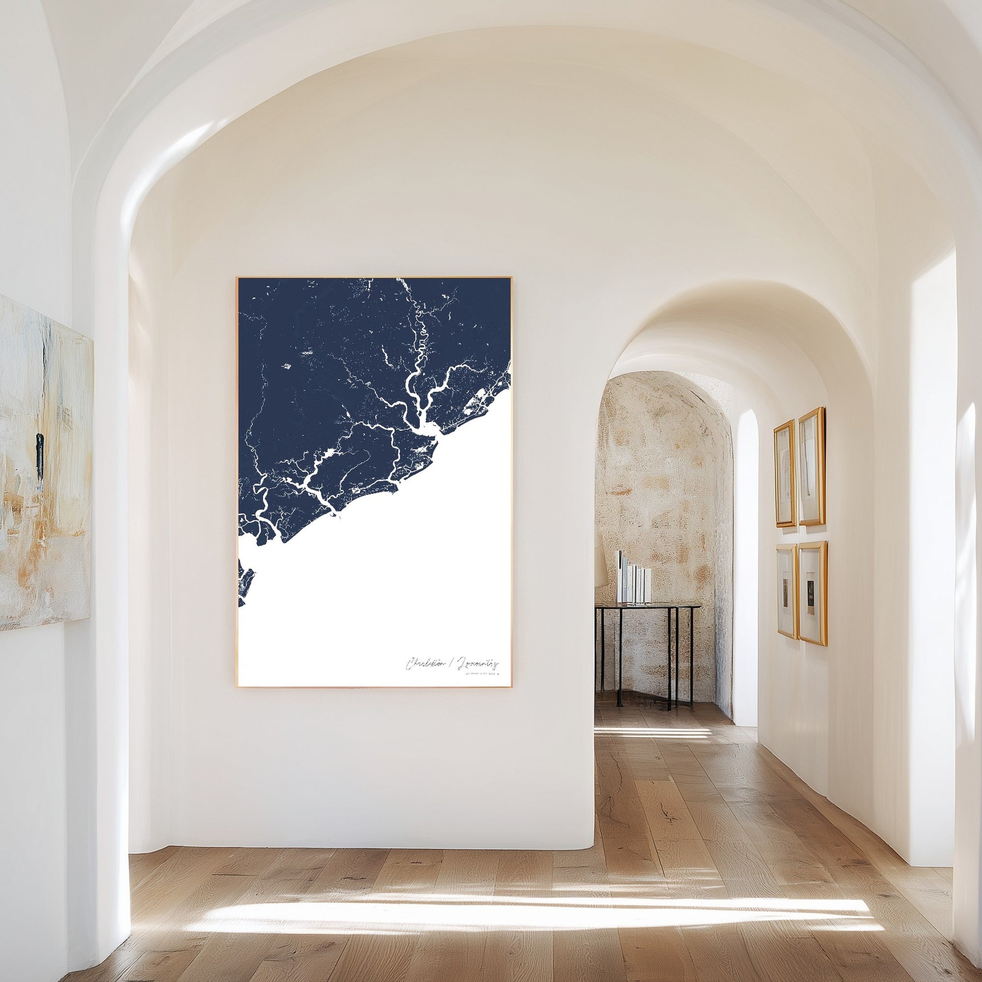 Charleston Lowcountry navy vertical canvas map in the Bello mixed room scene