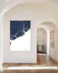 Charleston Lowcountry navy vertical canvas map in the Bello mixed room scene
