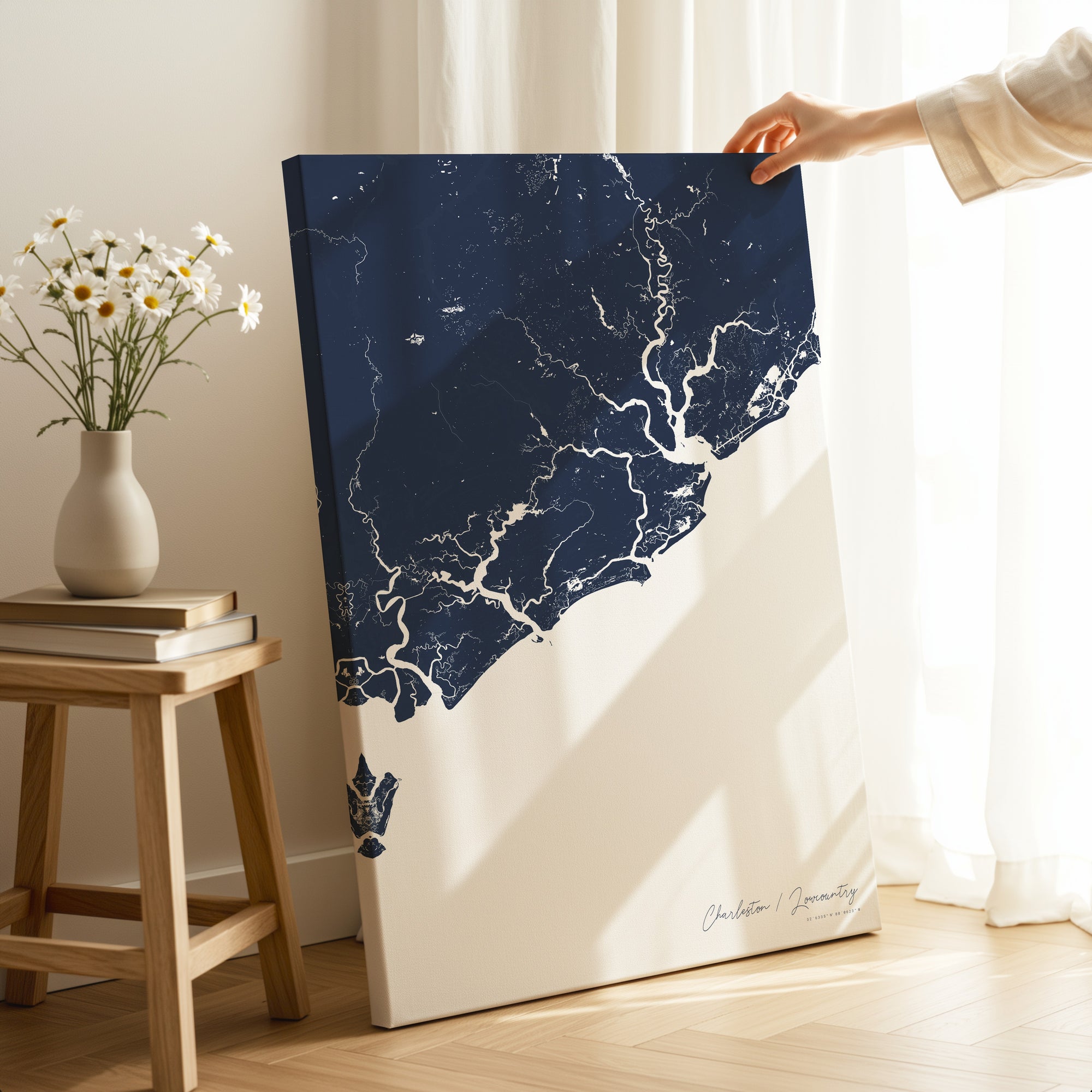 Charleston Lowcountry navy vertical wrapped canvas map in the ratio 2:3 hand mockup