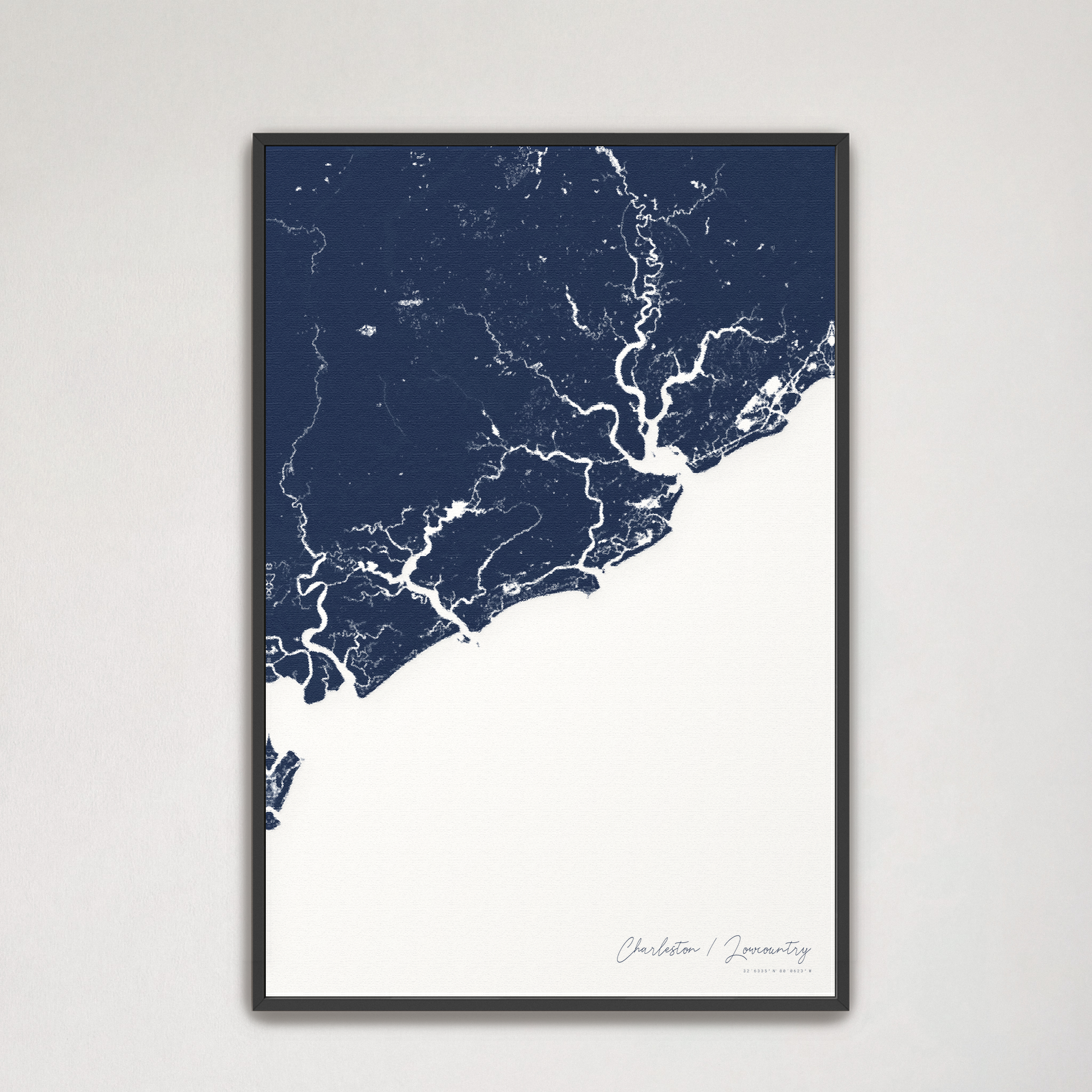 Charleston / Lowcountry Coastal Map — Canvas Vertical, navy, Black Frame