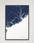 Charleston / Lowcountry Coastal Map — Canvas Vertical, navy, Black Frame