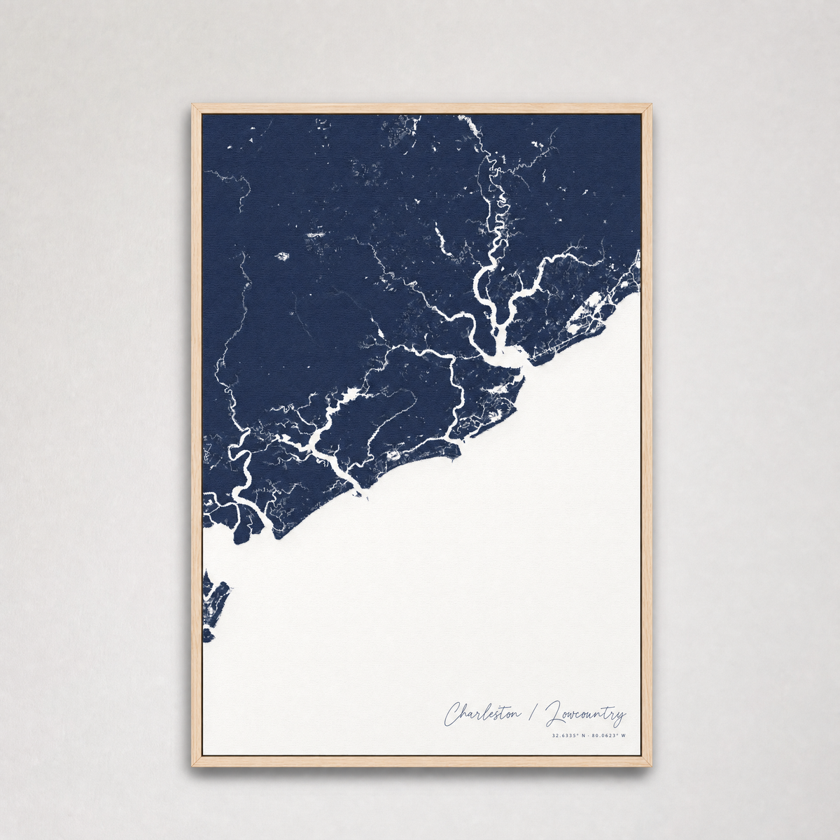 Charleston / Lowcountry Coastal Map — Canvas Vertical — navy, Light Wood