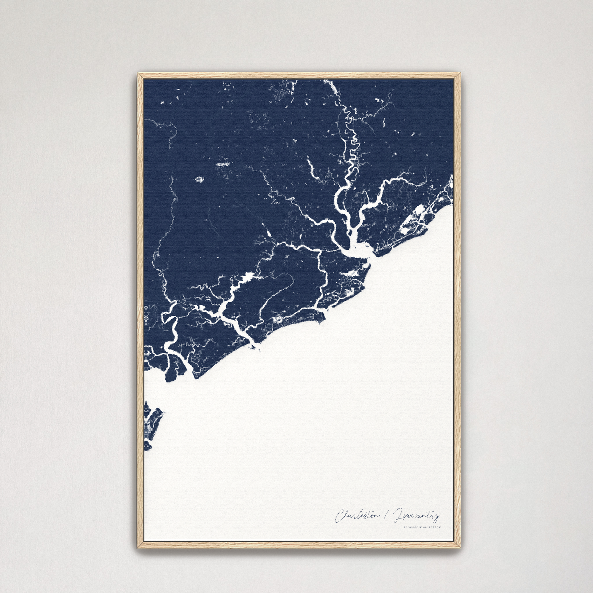 Charleston / Lowcountry Coastal Map — Canvas Vertical, navy, Natural Oak