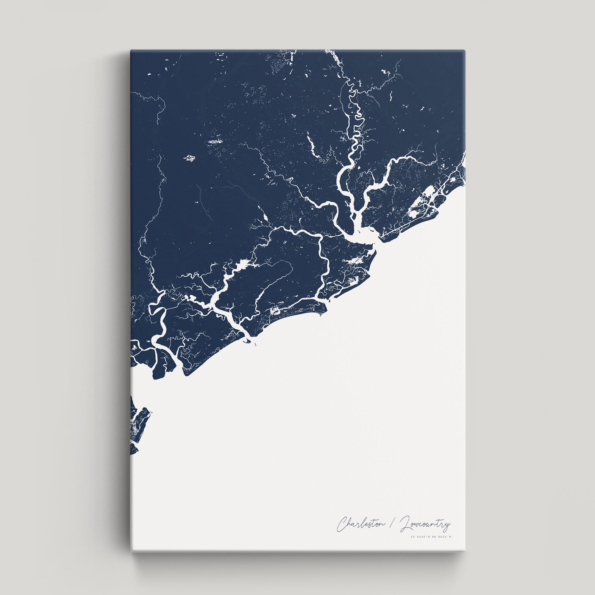 Charleston / Lowcountry Coastal Map — Canvas Vertical, navy, No Frame