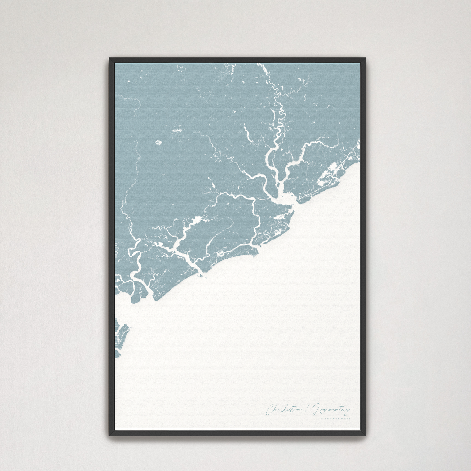 Charleston / Lowcountry Coastal Map — Canvas Vertical, soft-blue, Black Frame