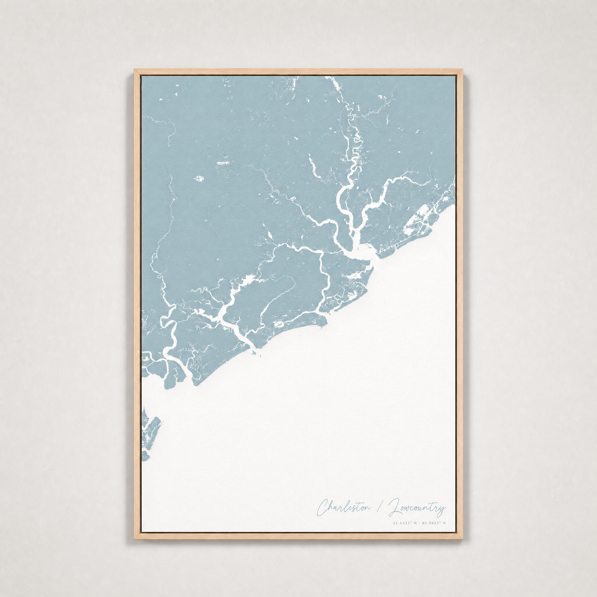 Charleston / Lowcountry Coastal Map — Canvas Vertical — soft-blue, Light Wood