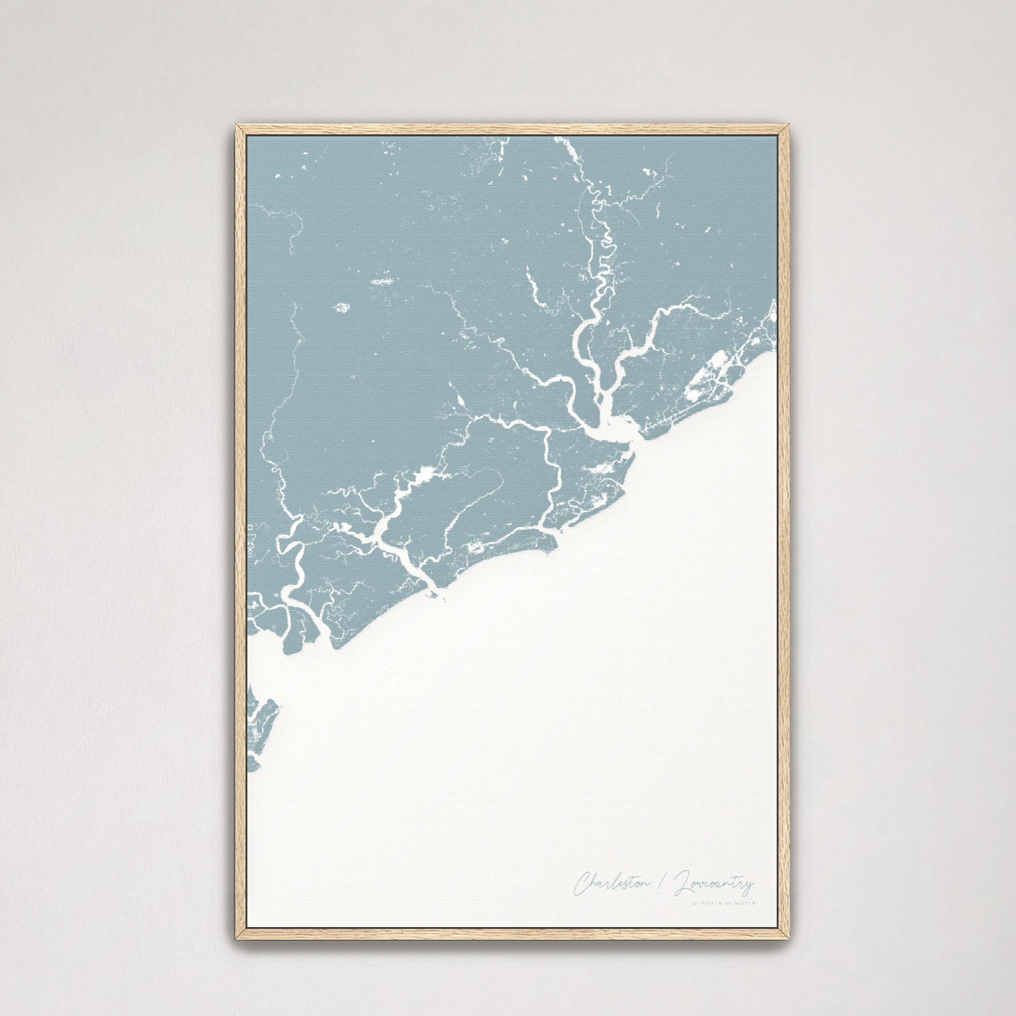 Charleston / Lowcountry Coastal Map — Canvas Vertical, soft-blue, Natural Oak