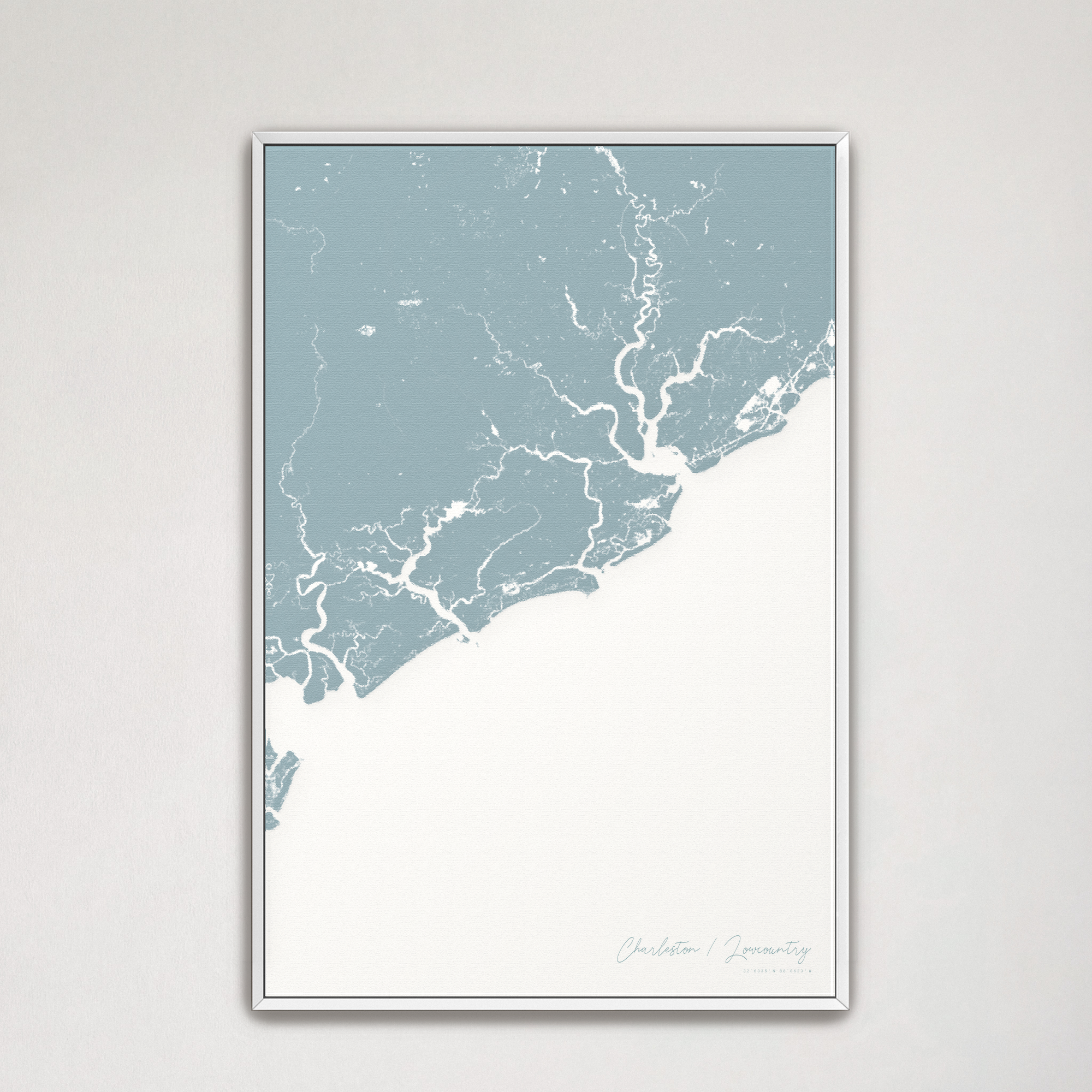 Charleston / Lowcountry Coastal Map — Canvas Vertical, soft-blue, White Frame