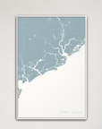 Charleston / Lowcountry Coastal Map — Canvas Vertical, soft-blue, White Frame