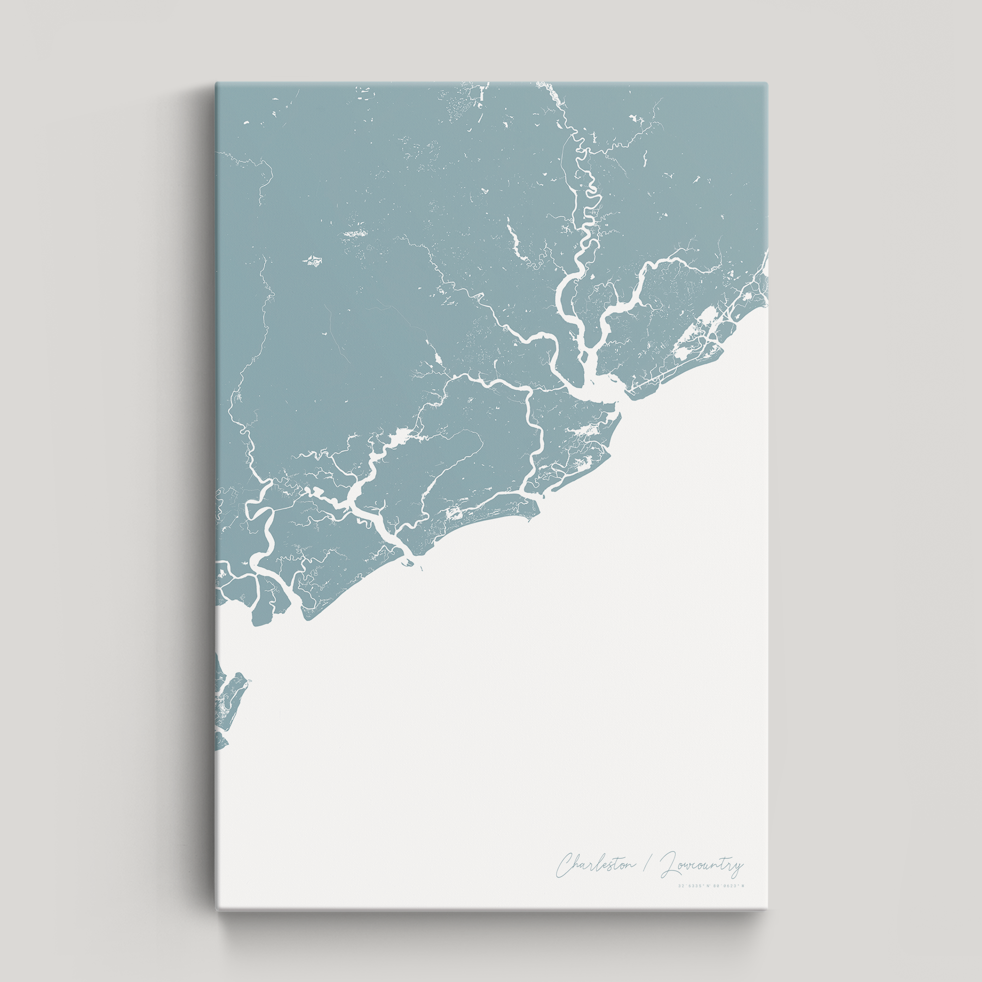 Charleston / Lowcountry Coastal Map — Canvas Vertical, soft-blue, No Frame
