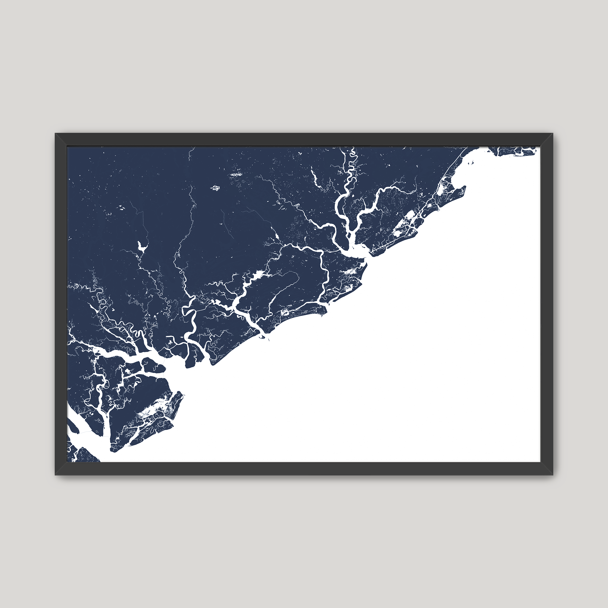 Charleston / Lowcountry Coastal Map — Fine Art Print Horizontal, navy, Black Frame, 10x8