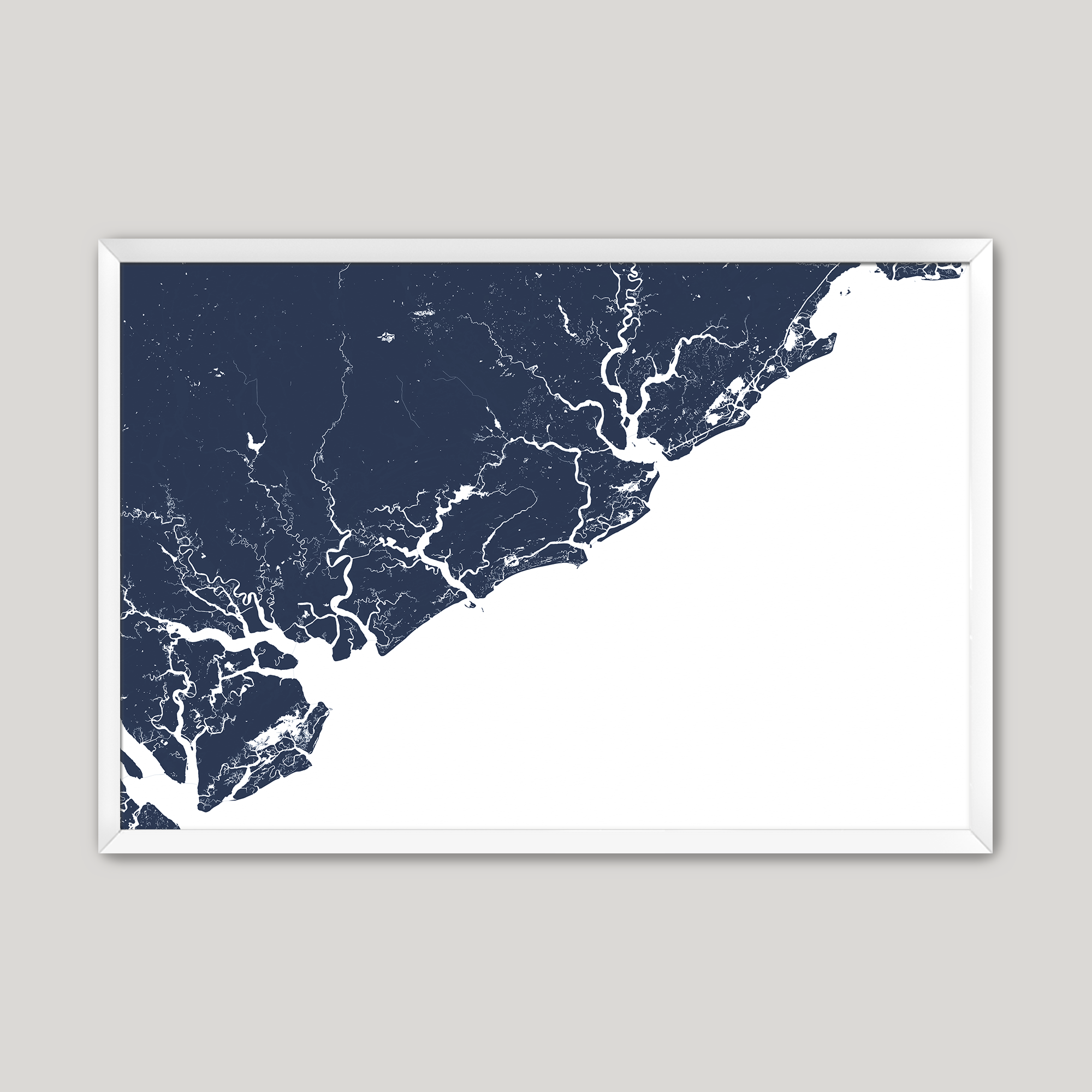 Charleston / Lowcountry Coastal Map — Fine Art Print Horizontal, navy, White Frame, 10x8