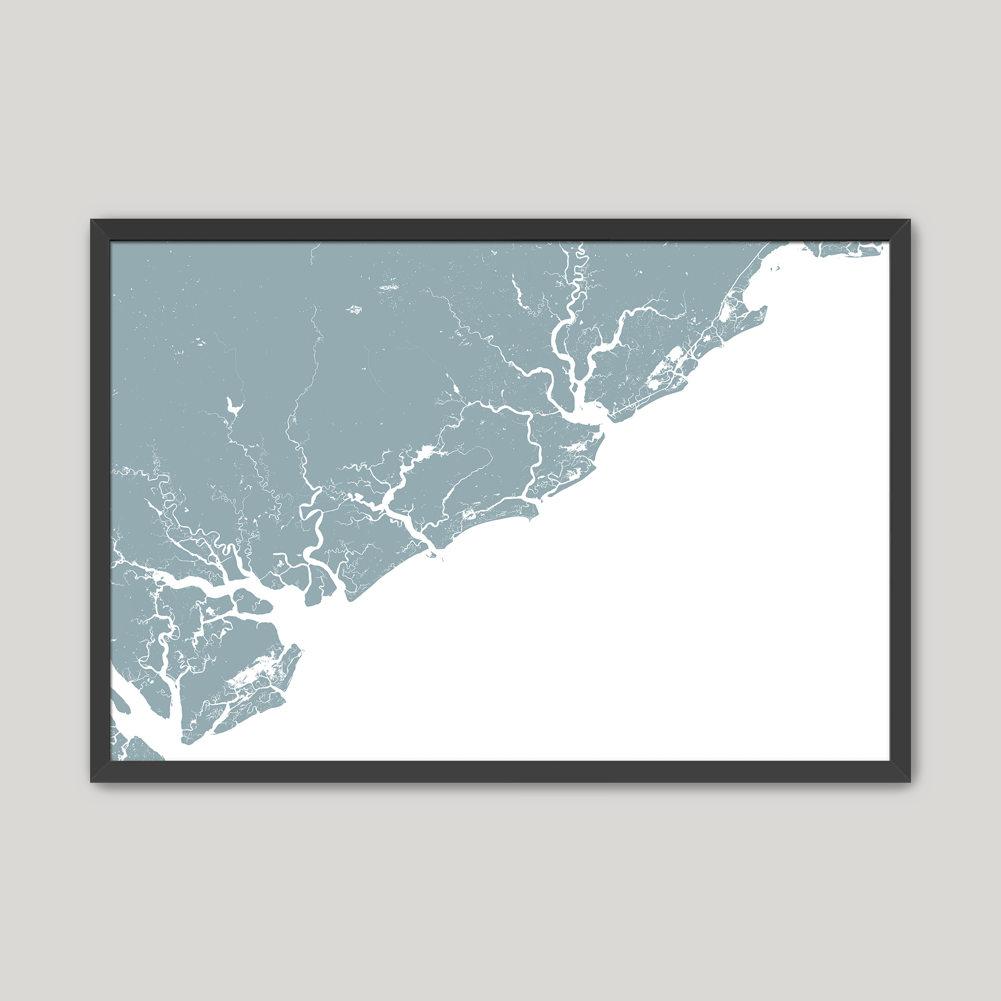 Charleston / Lowcountry Coastal Map — Fine Art Print Horizontal, soft-blue, Black Frame, 10x8