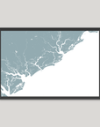 Charleston / Lowcountry Coastal Map — Fine Art Print Horizontal, soft-blue, Black Frame, 10x8
