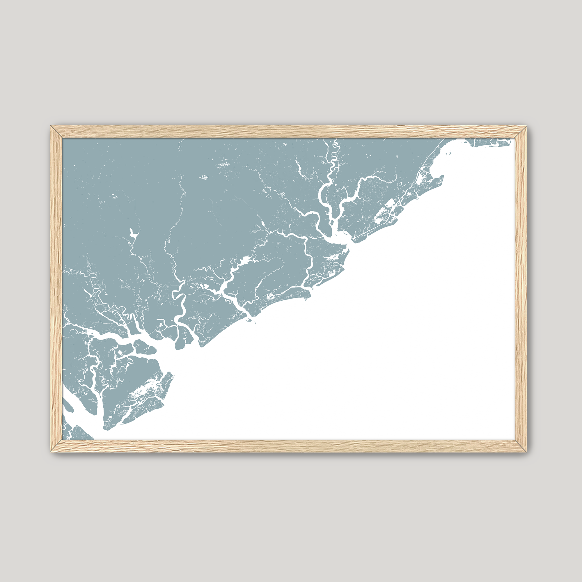 Charleston / Lowcountry Coastal Map — Fine Art Print Horizontal, soft-blue, Oak, 10x8
