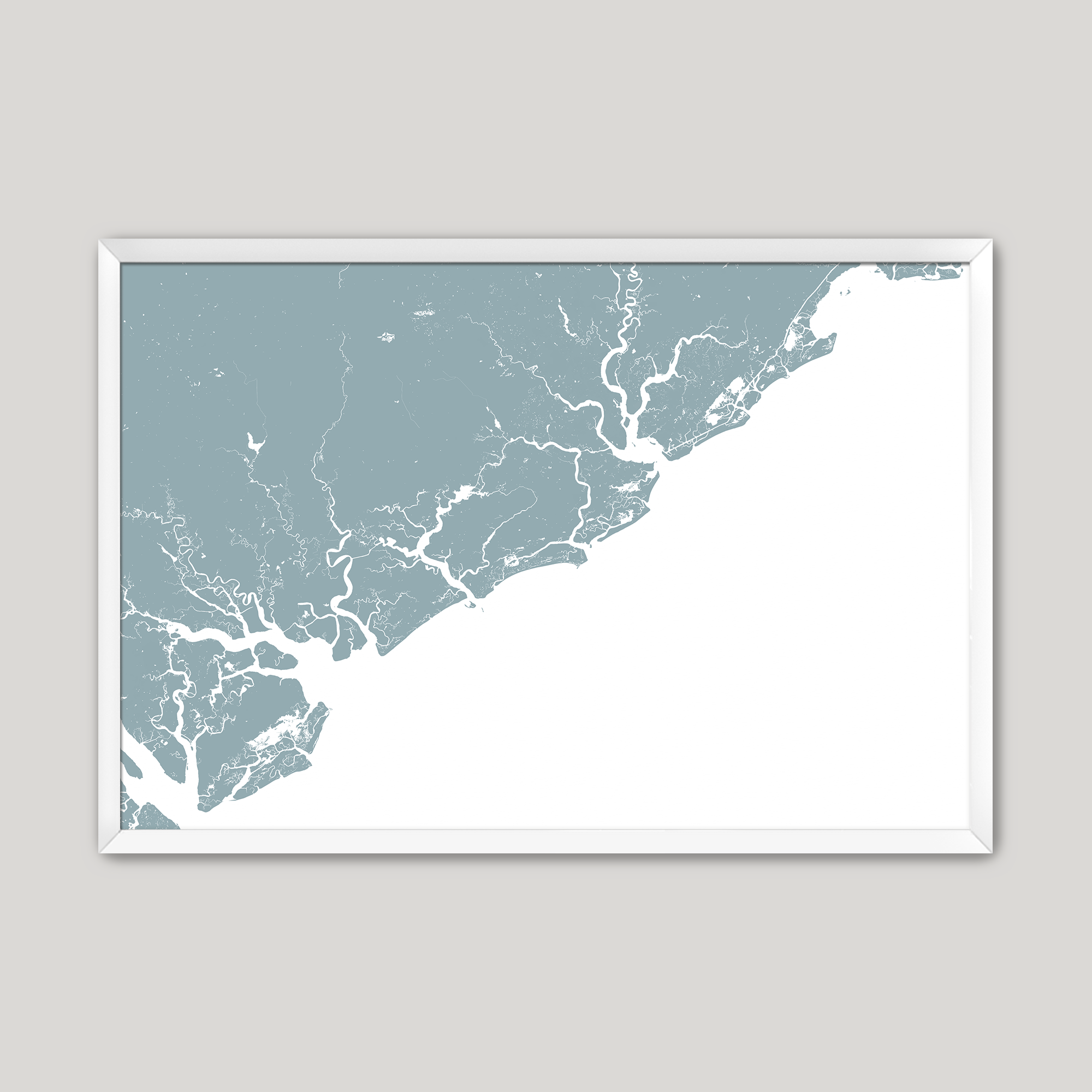 Charleston / Lowcountry Coastal Map — Fine Art Print Horizontal, soft-blue, White Frame, 10x8