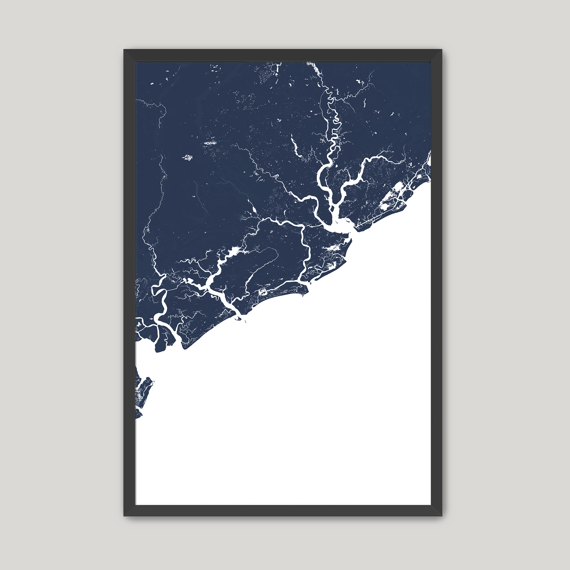 Charleston / Lowcountry Coastal Map — Fine Art Print Vertical, navy, Black Frame, 12x16