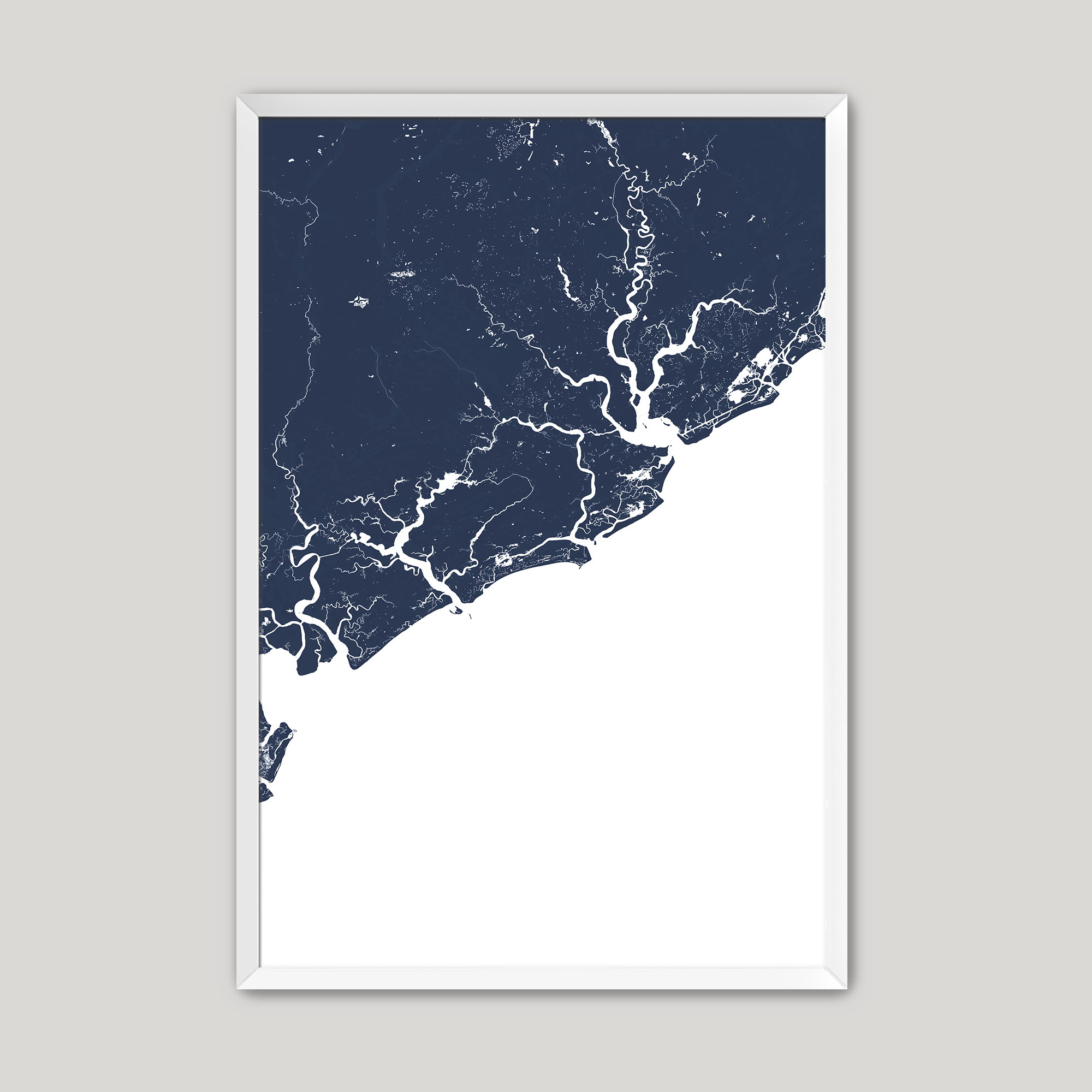 Charleston / Lowcountry Coastal Map — Fine Art Print Vertical, navy, White Frame, 8x10