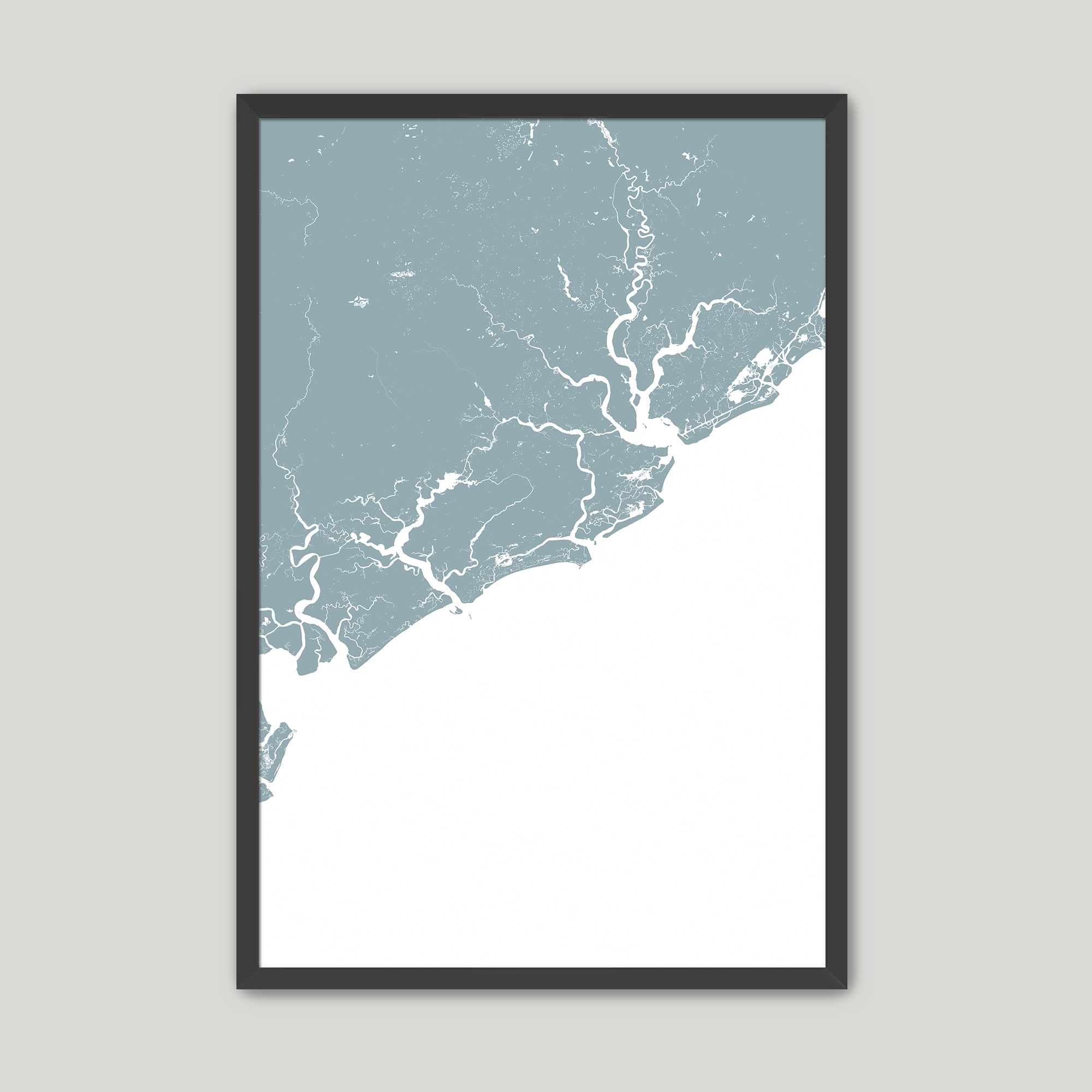 Charleston / Lowcountry Coastal Map — Fine Art Print Vertical, soft-blue, Black Frame, 8x10