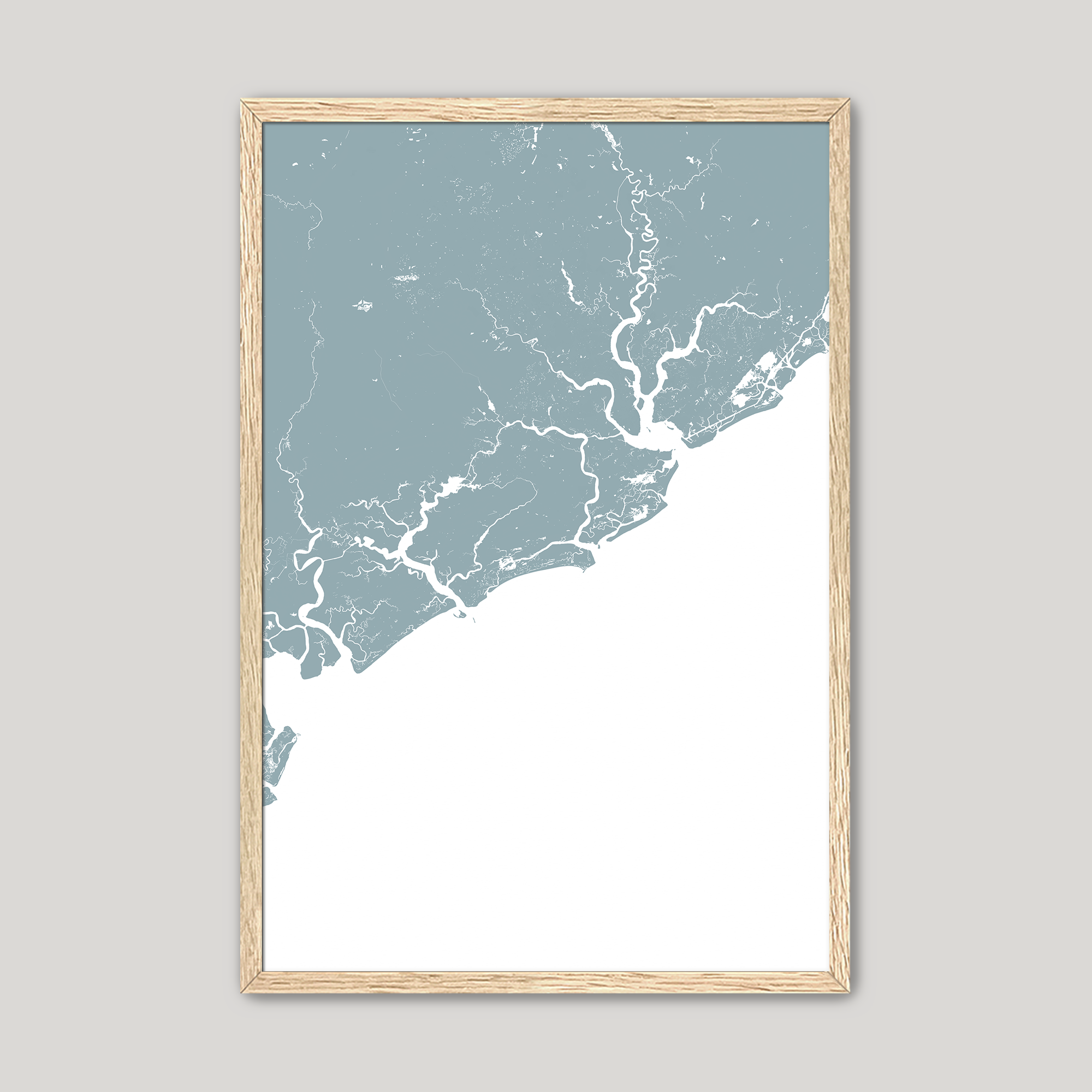 Charleston / Lowcountry Coastal Map — Fine Art Print Vertical, soft-blue, Oak, 8x10