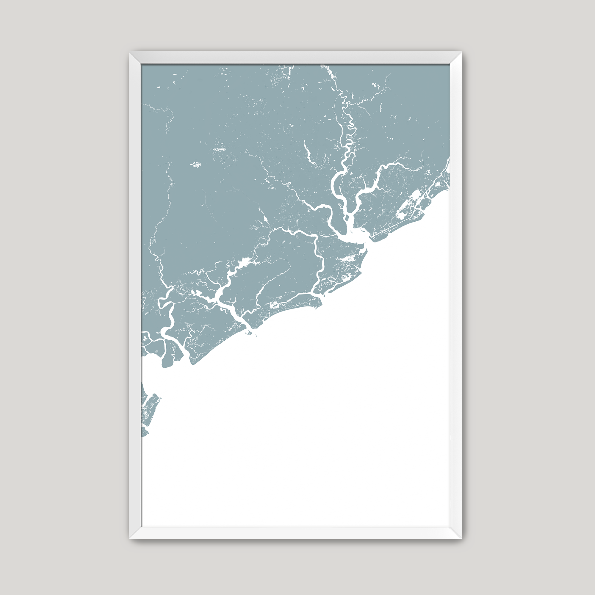 Charleston / Lowcountry Coastal Map — Fine Art Print Vertical, soft-blue, White Frame, 8x10