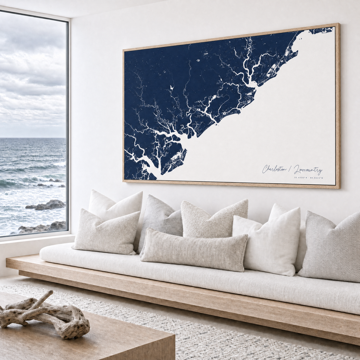 Charleston / Lowcountry canvas map — sea-view bench interior