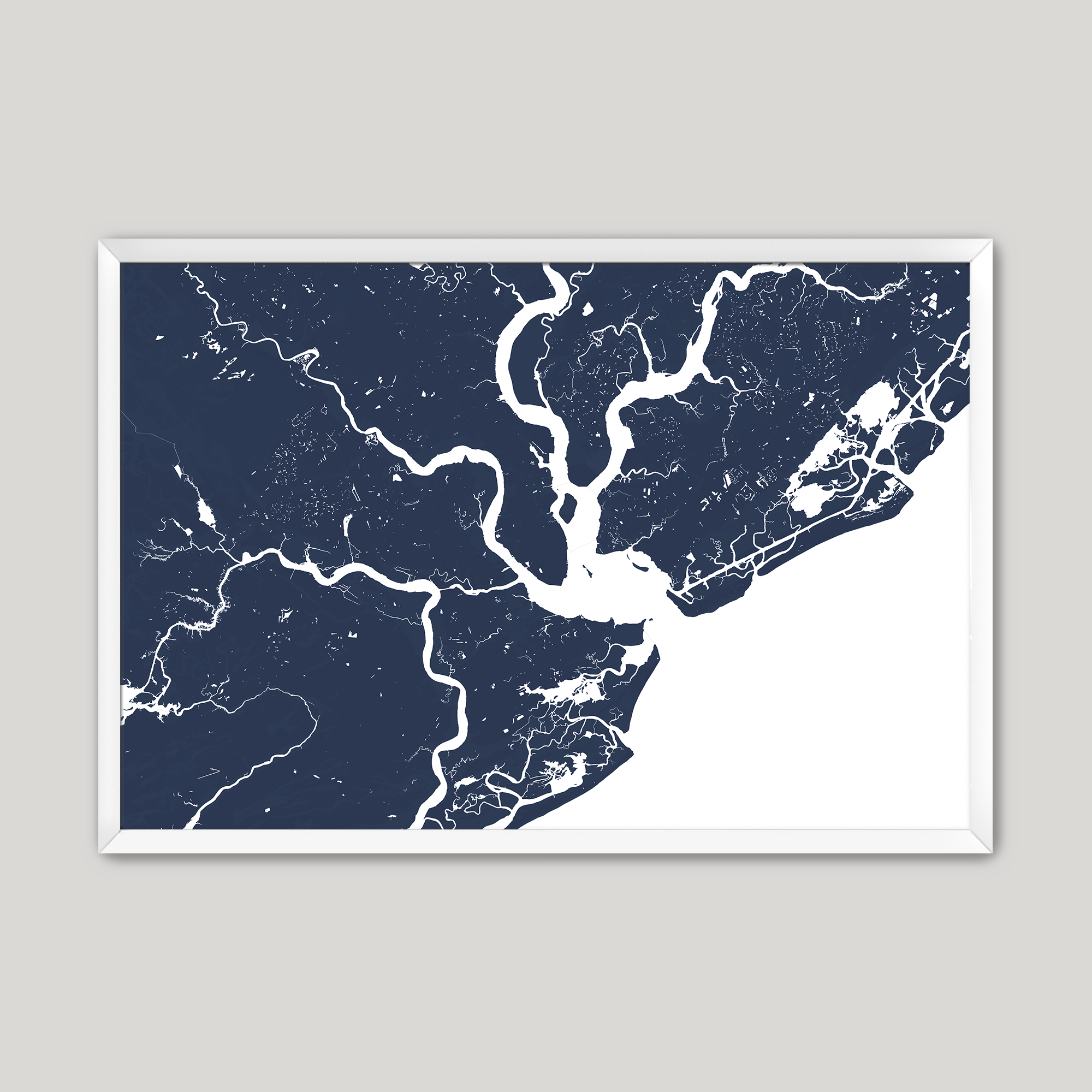 Charleston Coastal Map — Fine Art Print Horizontal, navy, White Frame, 10x8