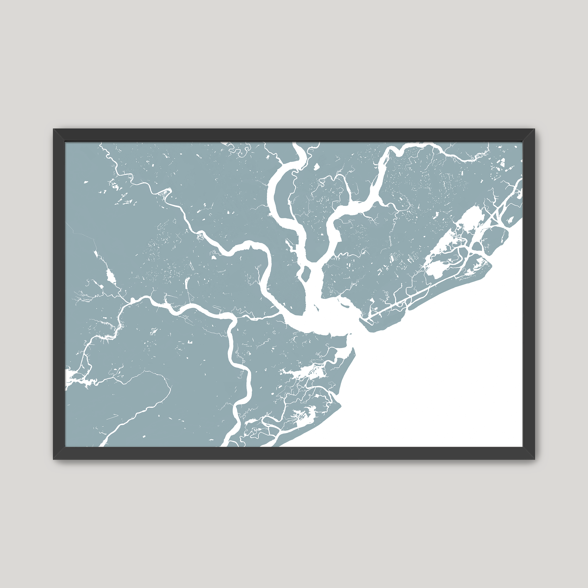 Charleston Coastal Map — Fine Art Print Horizontal, soft-blue, Black Frame, 10x8