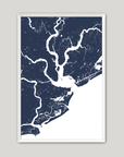 Charleston Coastal Map — Fine Art Print Vertical, navy, White Frame, 8x10