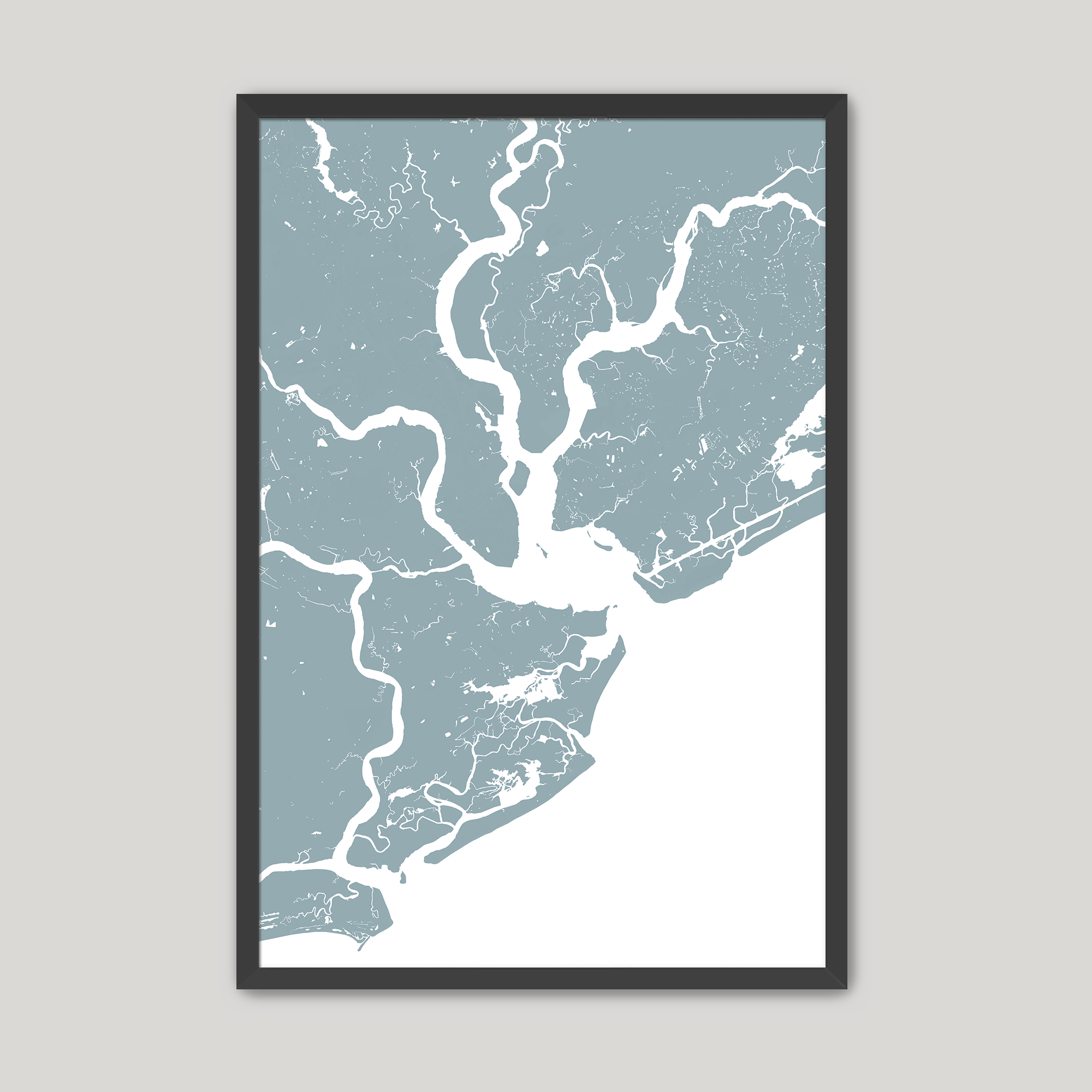 Charleston Coastal Map — Fine Art Print Vertical, soft-blue, Black Frame, 8x10