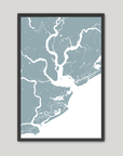 Charleston Coastal Map — Fine Art Print Vertical, soft-blue, Black Frame, 8x10