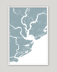 Charleston Coastal Map — Fine Art Print Vertical, soft-blue, White Frame, 8x10