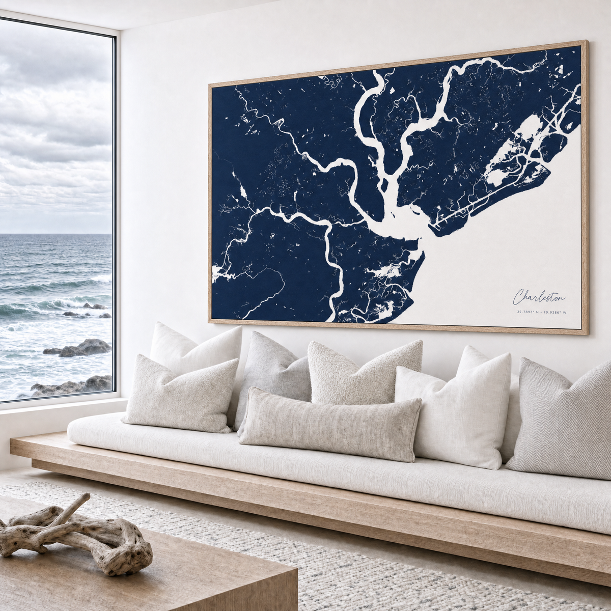 Charleston canvas map — sea-view bench interior