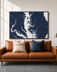 Chesapeake Bay / Maryland canvas map — two-pillow black-frame sofa interior