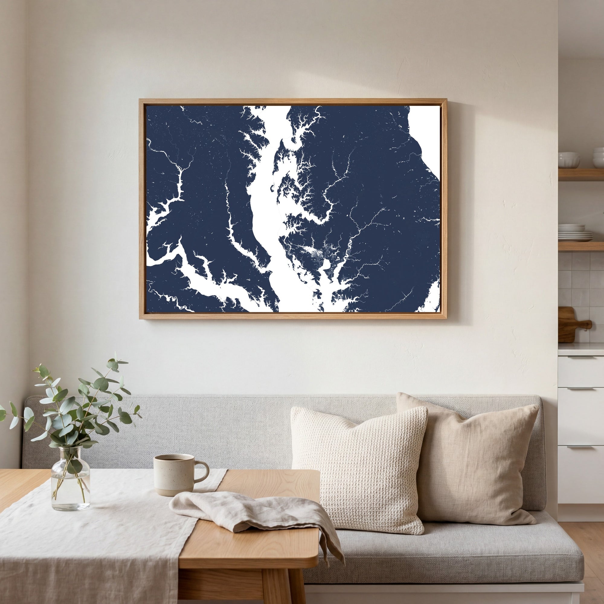 Chesapeake Bay navy horizontal canvas map in an oak framed room scene