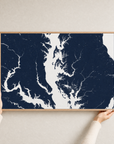 Chesapeake Bay / Maryland canvas map — hands holding the canvas in an oak frame
