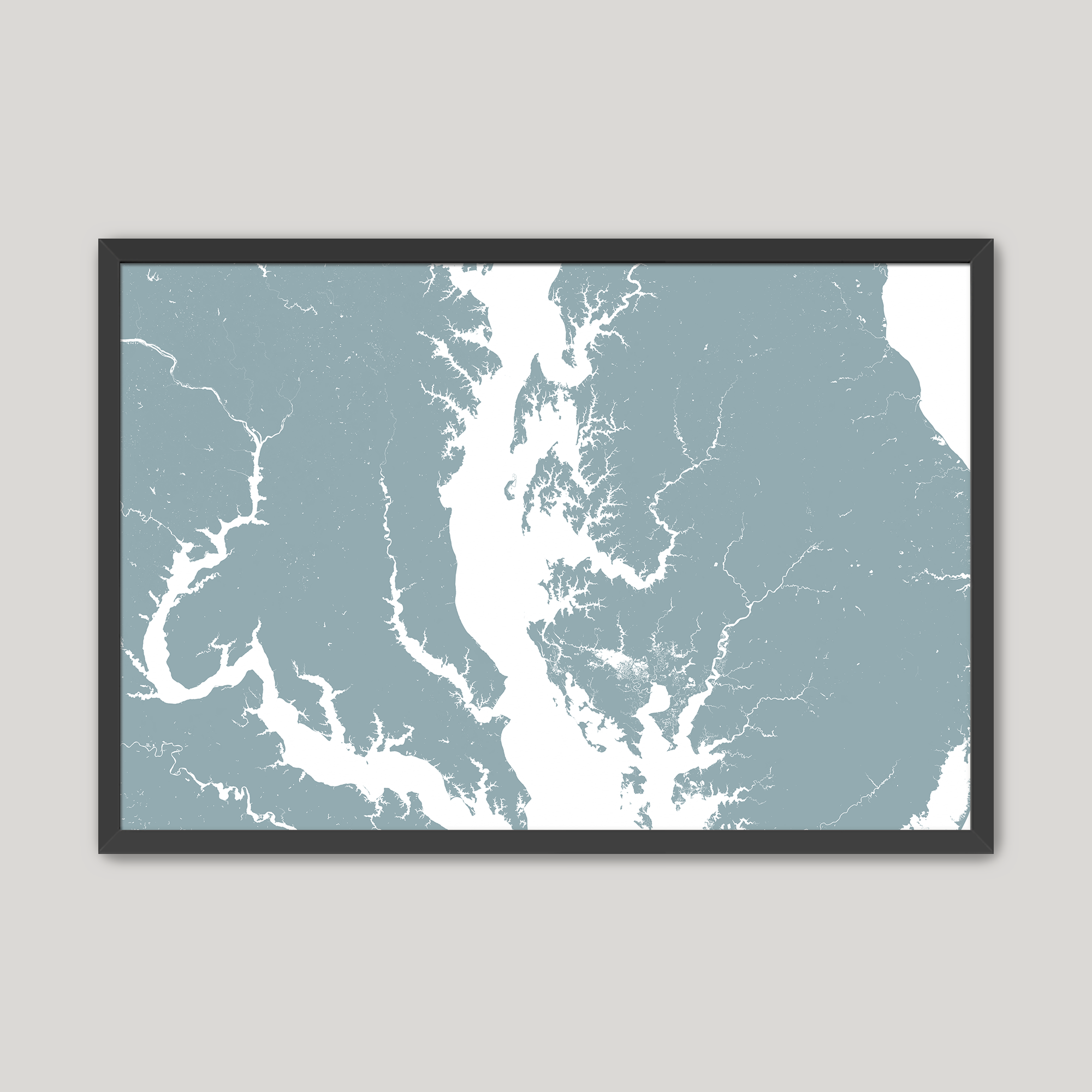 Chesapeake Bay / Maryland Coastal Map — Fine Art Print Horizontal, soft-blue, Black Frame, 10x8
